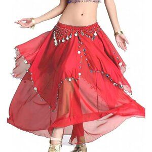 Women's Chiffon Belly Dance Skirt Indian Dance Dark Red Costume with Coins